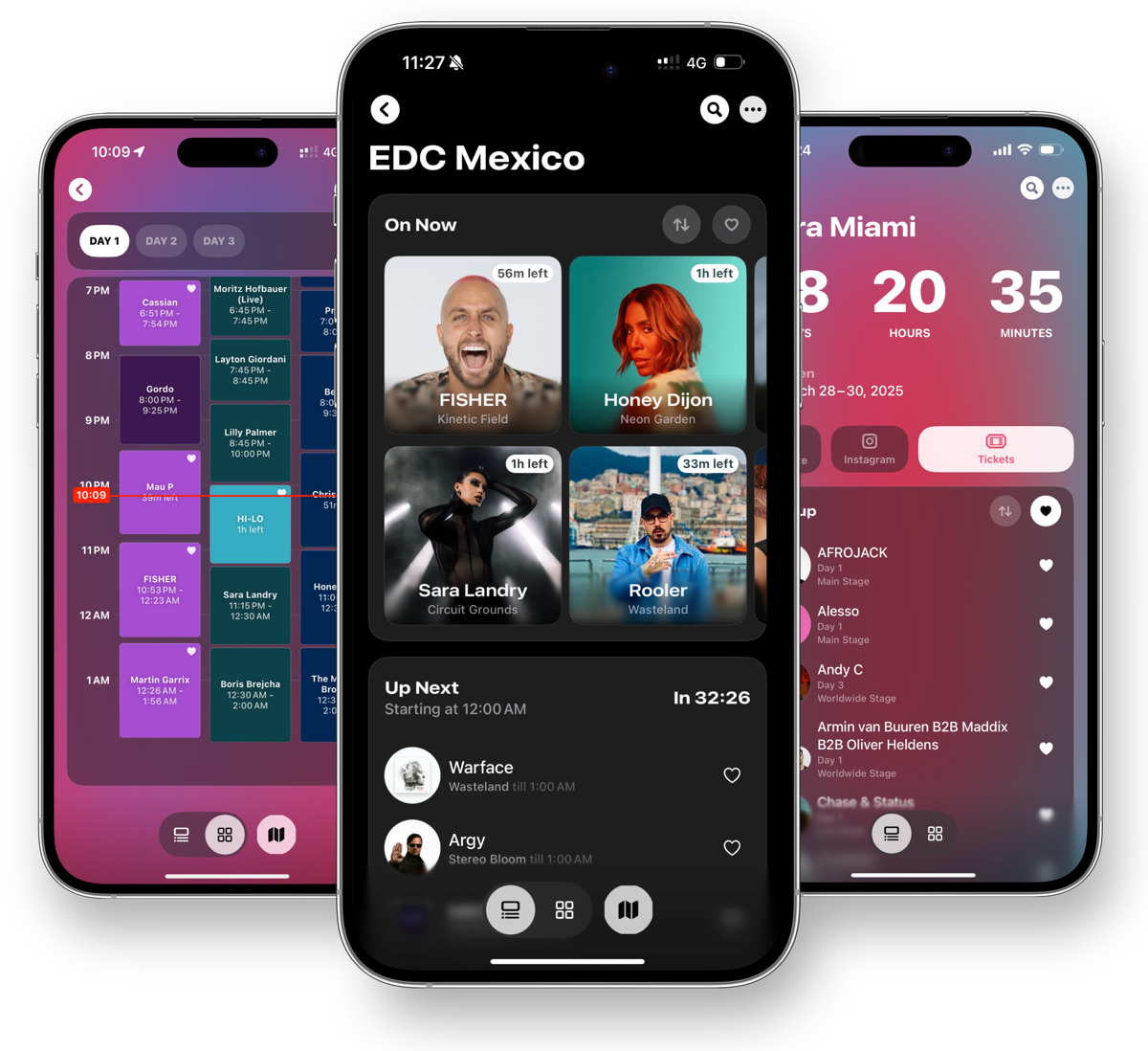 Headliners app screenshots; one shows a festival schedule in a timetable layout, another shows the artists currently performing and a countdown to the following performances and the last showing the lineup and a countdown to Ultra Miami